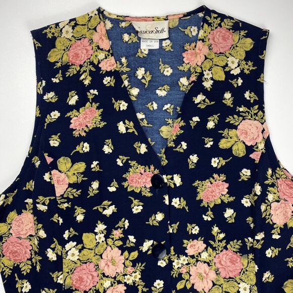Jessica Scott VTG Floral Button Up Fitted Vest Tie Back Womens Small 90s Blue - Picture 2 of 12